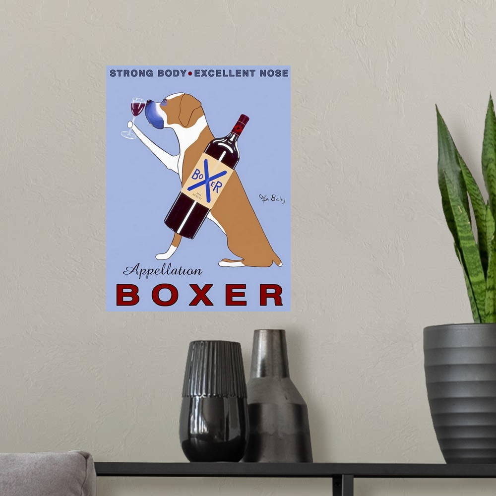 A modern room featuring Large, vertical advertisement for Appellation Boxer wine, of a boxer dog sitting, holding a glass...