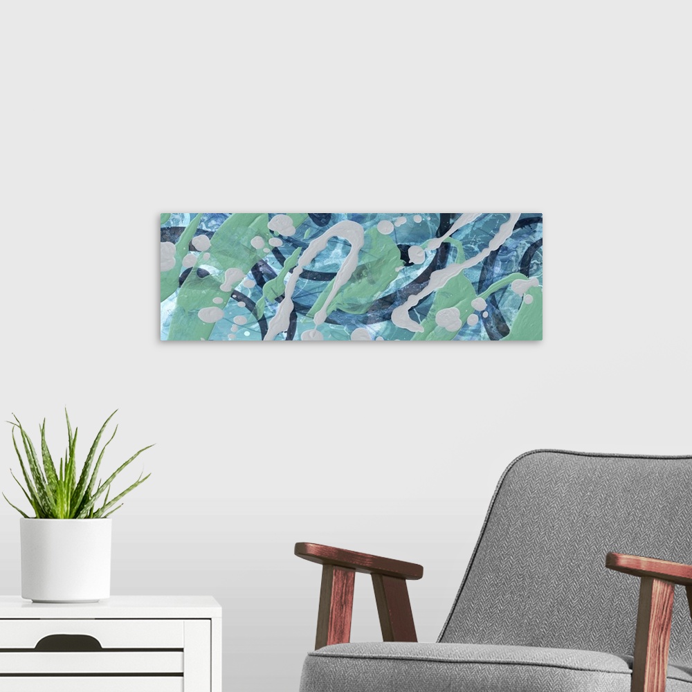 A modern room featuring A contemporary abstract painting using thrown and dripped paint in blue and green.