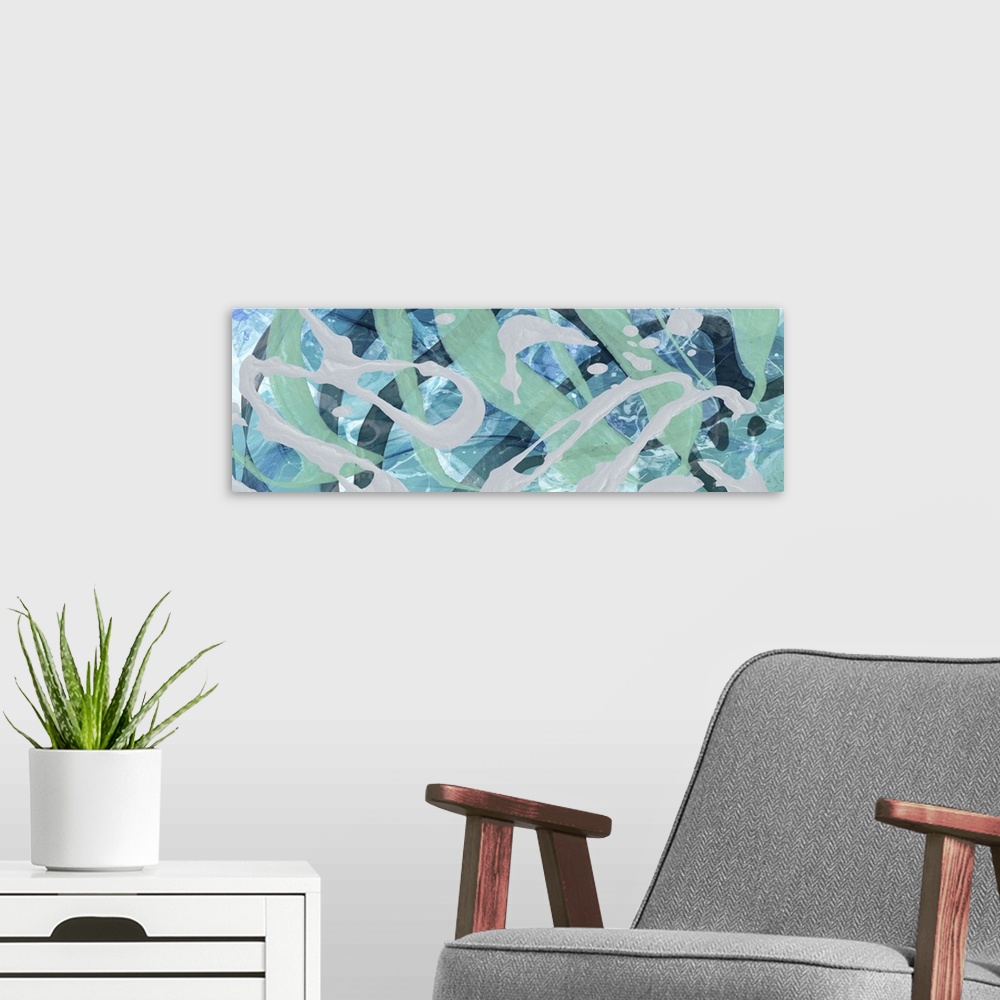 A modern room featuring A contemporary abstract painting using thrown and dripped paint in blue and green.