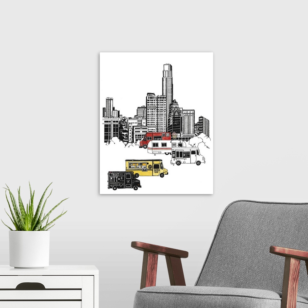 A modern room featuring Black and white watercolor painting of the Austin, TX skyline with colorful food trucks in the fo...