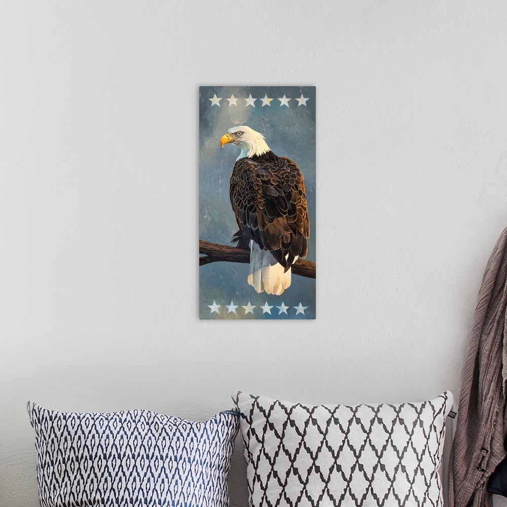 A bohemian room featuring A contemporary painting of an American bald eagle.