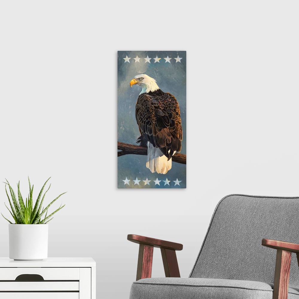 A modern room featuring A contemporary painting of an American bald eagle.