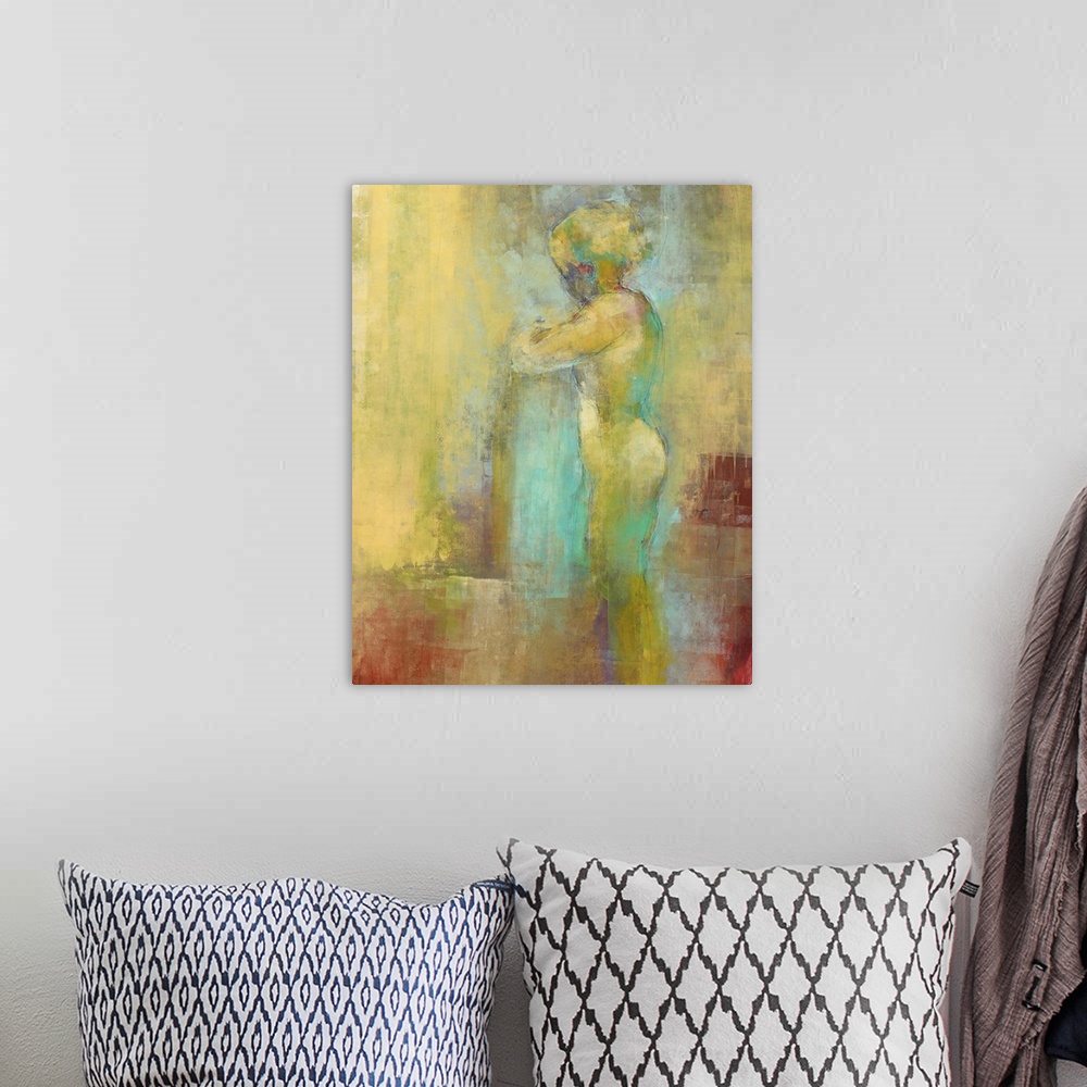 A bohemian room featuring Contemporary painting of a nude female figure.