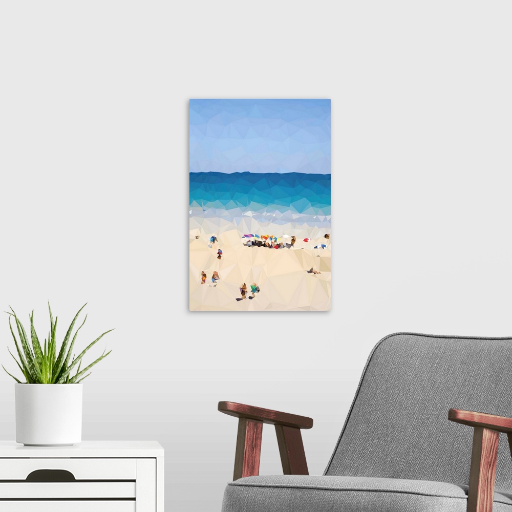 A modern room featuring Geometric landscape of a crowded beach.