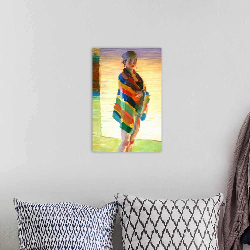 A bohemian room featuring A contemporary painting of a portrait of a woman standing a with a beach towel wrapped around her.