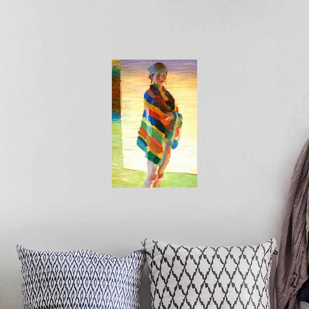 A bohemian room featuring A contemporary painting of a portrait of a woman standing a with a beach towel wrapped around her.