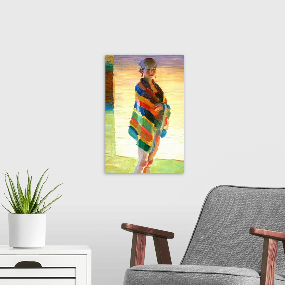 A modern room featuring A contemporary painting of a portrait of a woman standing a with a beach towel wrapped around her.