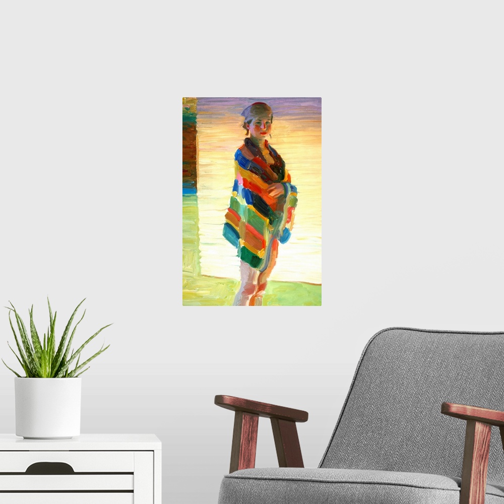 A modern room featuring A contemporary painting of a portrait of a woman standing a with a beach towel wrapped around her.