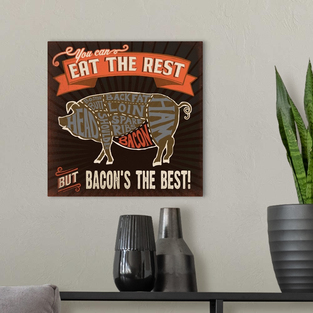 A modern room featuring Contemporary food themed artwork of a butcher diagram of a pig and the different cuts of meat.