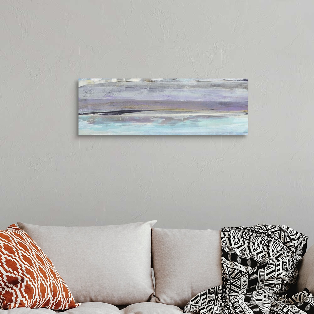 A bohemian room featuring Panoramic abstract painting created with layering horizontal brushstrokes in cool tones.