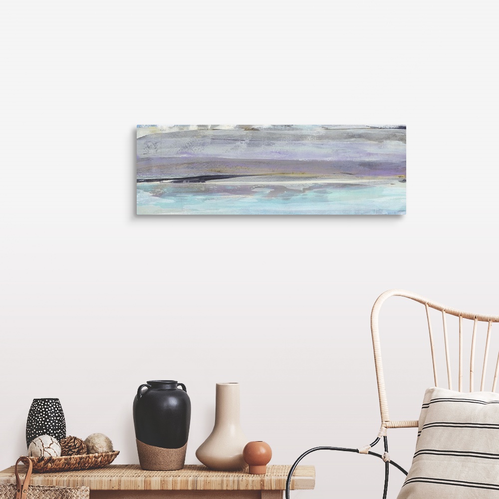 A farmhouse room featuring Panoramic abstract painting created with layering horizontal brushstrokes in cool tones.