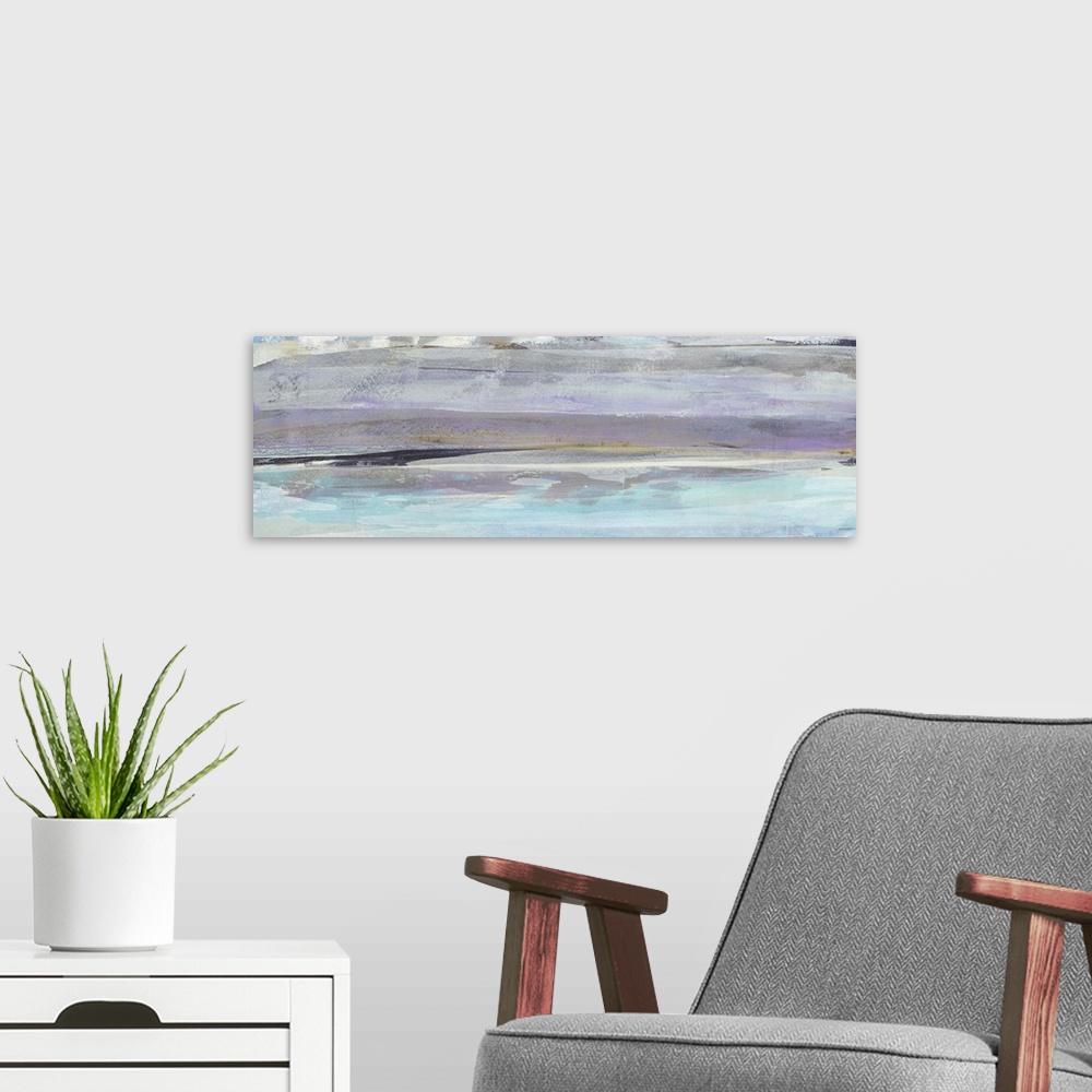 A modern room featuring Panoramic abstract painting created with layering horizontal brushstrokes in cool tones.