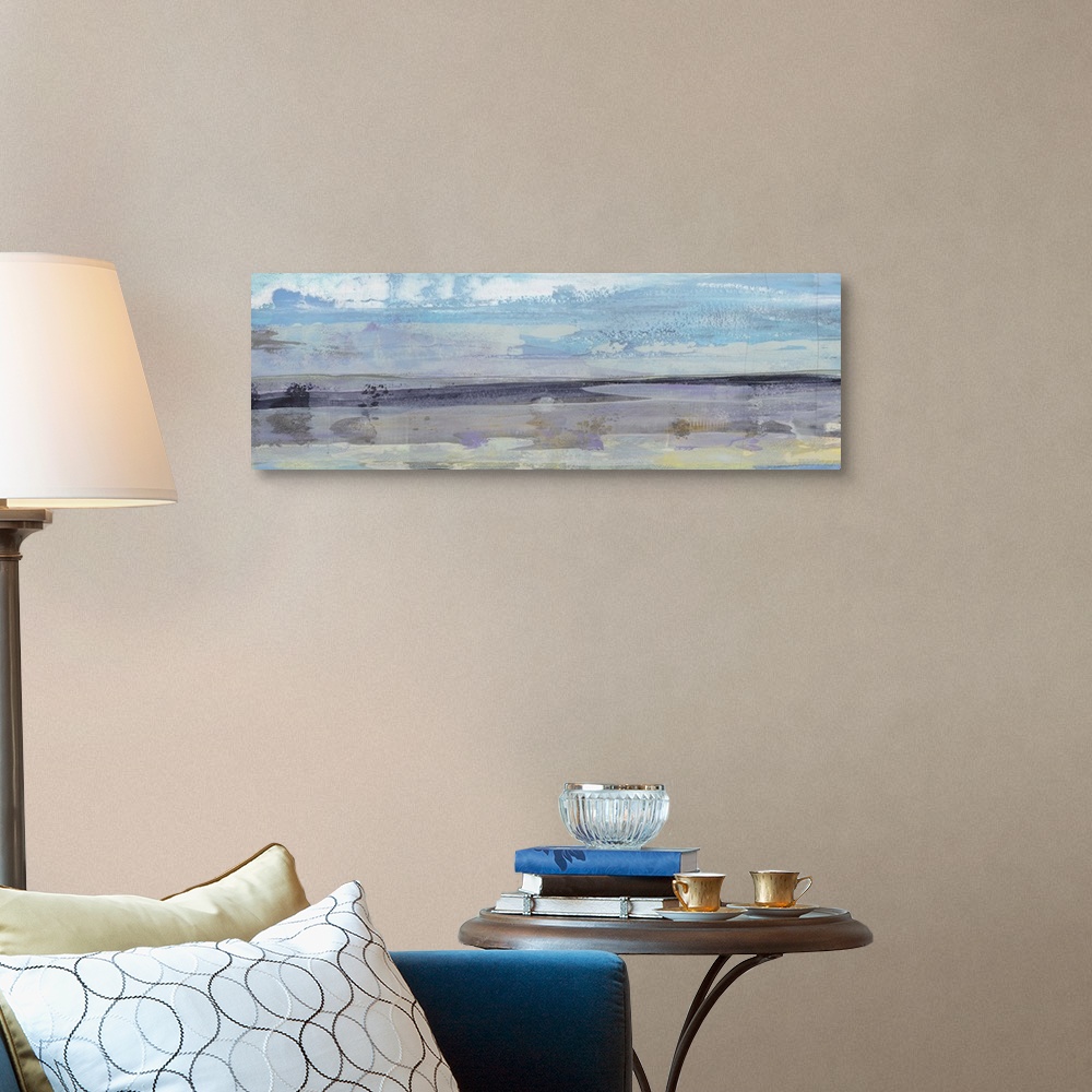 A traditional room featuring Panoramic abstract painting created with layering horizontal brushstrokes in cool tones.