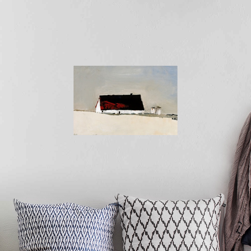 A bohemian room featuring Contemporary painting of a red roof barn sitting on a white field with two silos in the background.