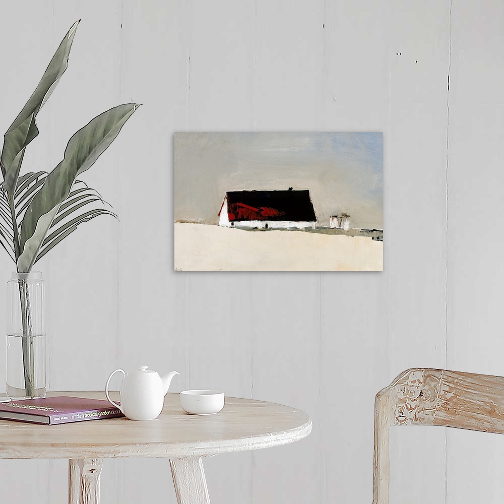 A farmhouse room featuring Contemporary painting of a red roof barn sitting on a white field with two silos in the background.