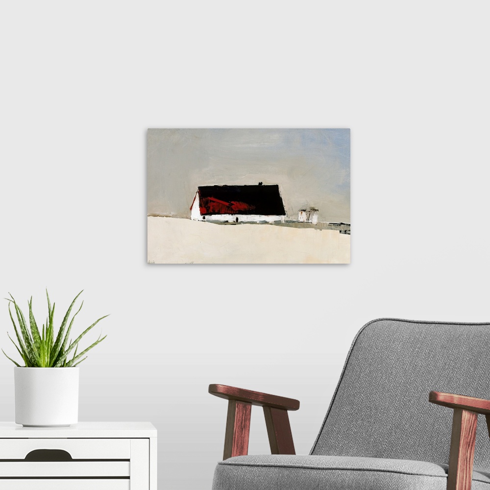 A modern room featuring Contemporary painting of a red roof barn sitting on a white field with two silos in the background.