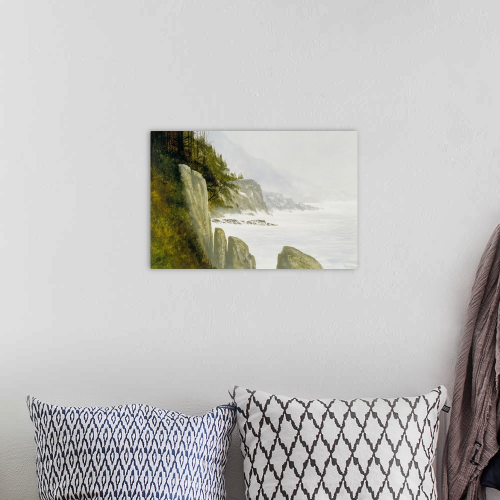 A bohemian room featuring Contemporary painting of a rocky seaside with a misty background.