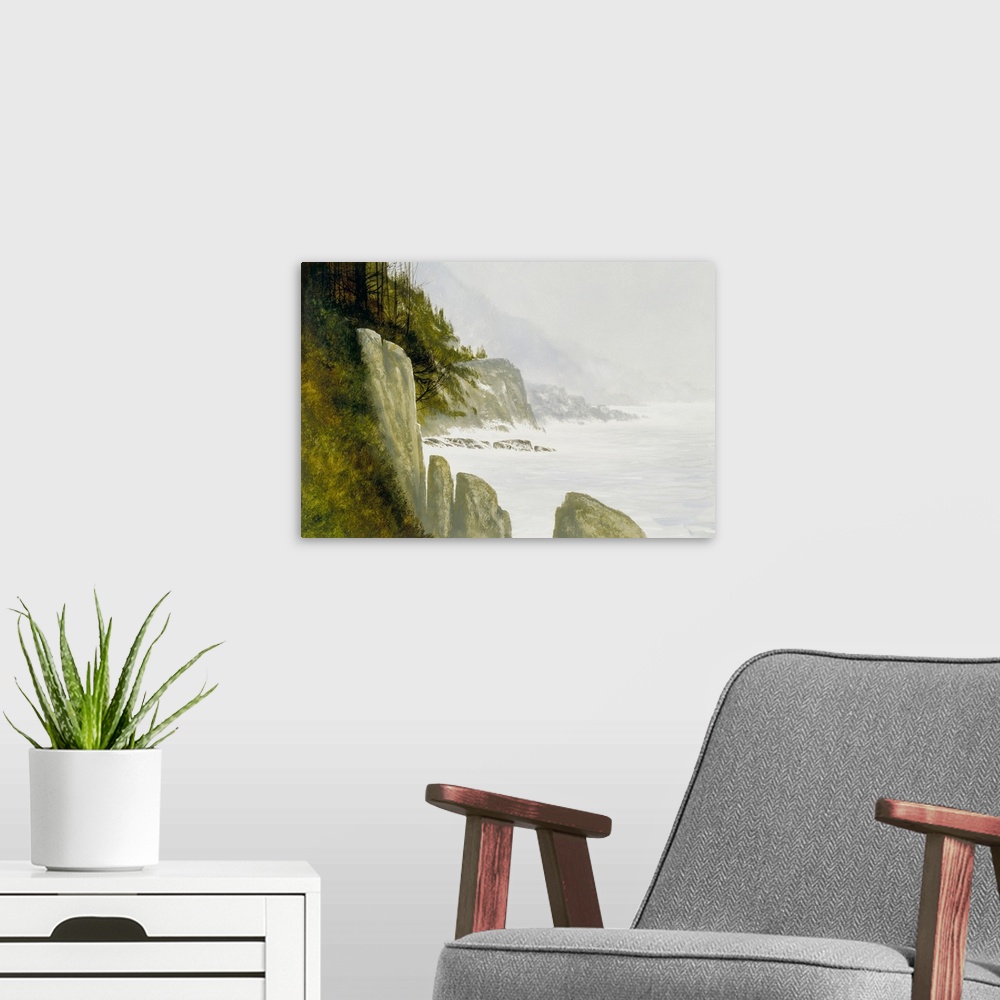 A modern room featuring Contemporary painting of a rocky seaside with a misty background.