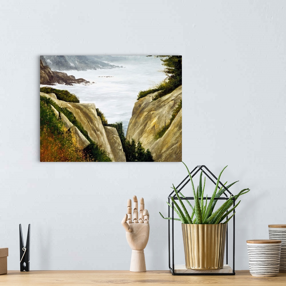 A bohemian room featuring Contemporary painting of a rocky seaside.