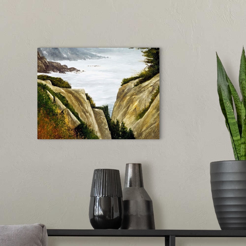 A modern room featuring Contemporary painting of a rocky seaside.