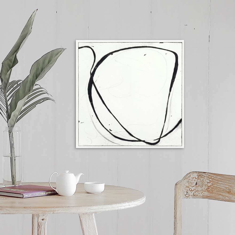 A farmhouse room featuring Contemporary abstract tonal painting of huge loops of paint.