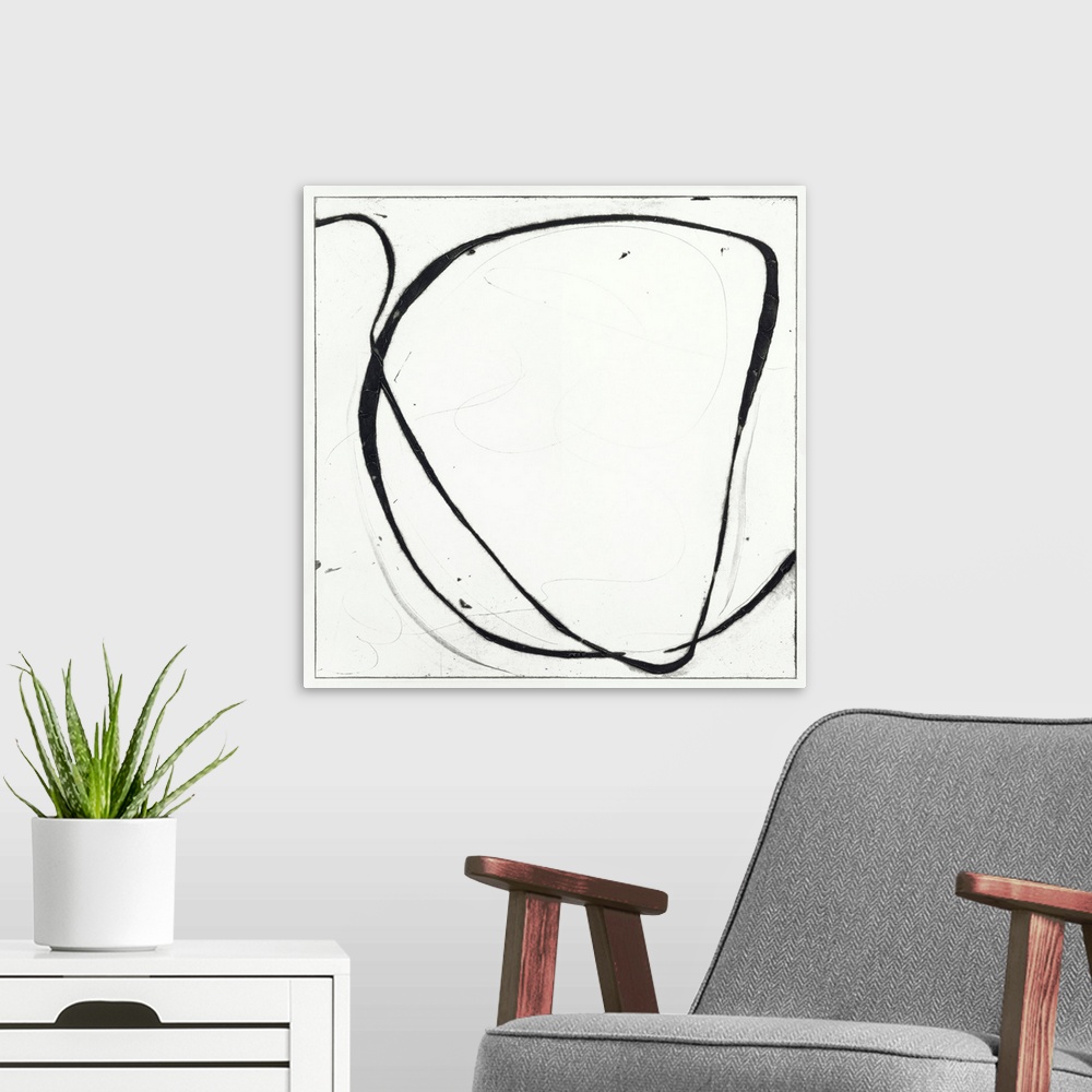 A modern room featuring Contemporary abstract tonal painting of huge loops of paint.