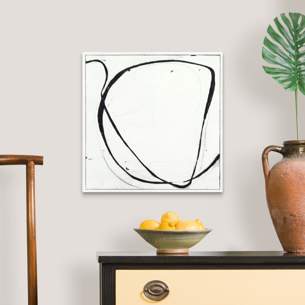 A traditional room featuring Contemporary abstract tonal painting of huge loops of paint.