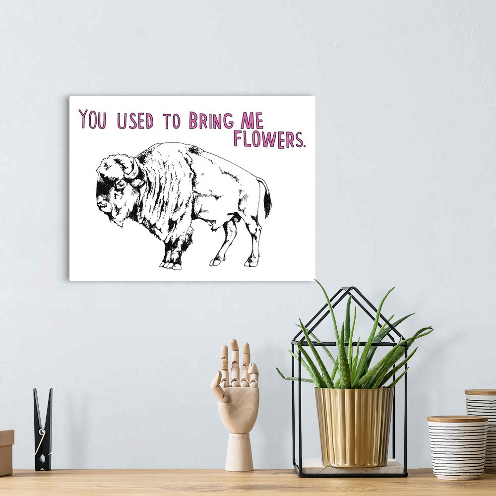 A bohemian room featuring Black and white illustration of a bison with the phrase "You Use to Bring Me Flowers" handwritten...