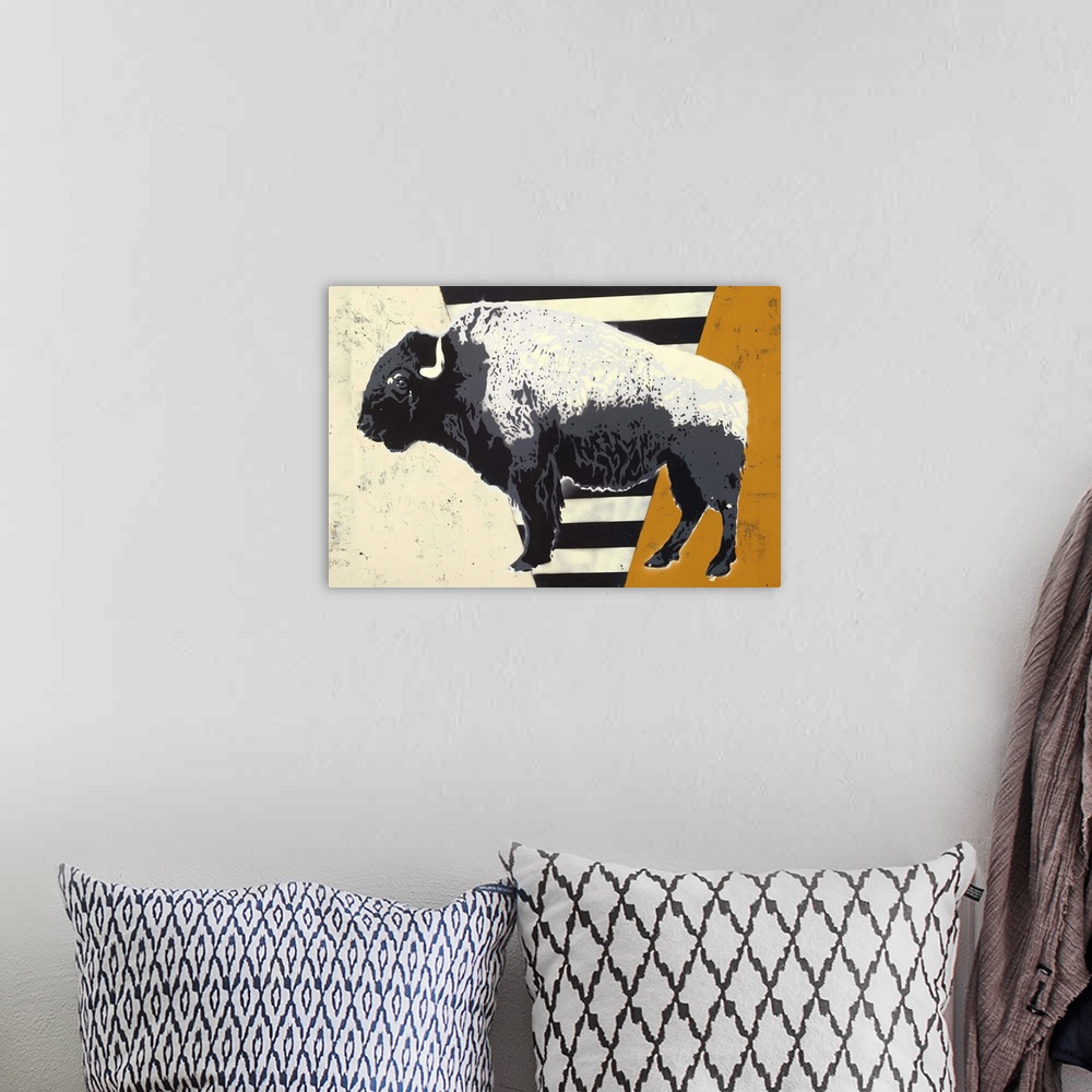 A bohemian room featuring Contemporary digital illustration of a bison on a black, white, and orange background.