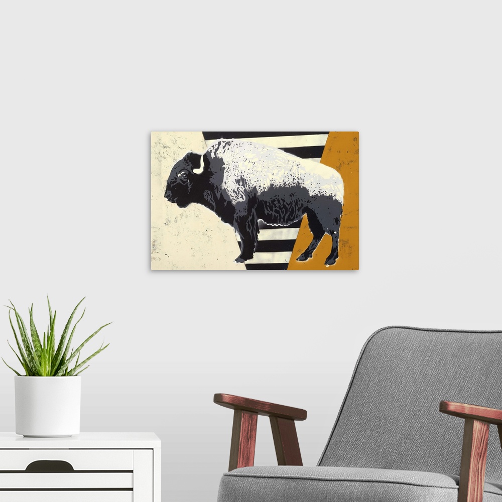 A modern room featuring Contemporary digital illustration of a bison on a black, white, and orange background.