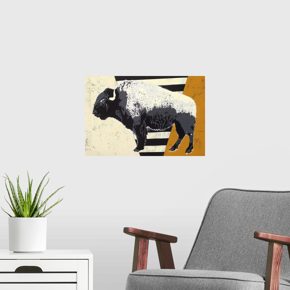 A modern room featuring Contemporary digital illustration of a bison on a black, white, and orange background.