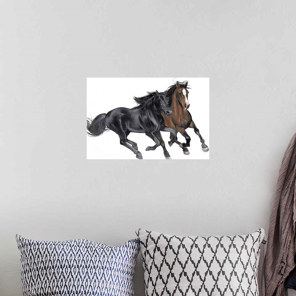 A bohemian room featuring Contemporary painting of a black and brown horse galloping on a solid white background.