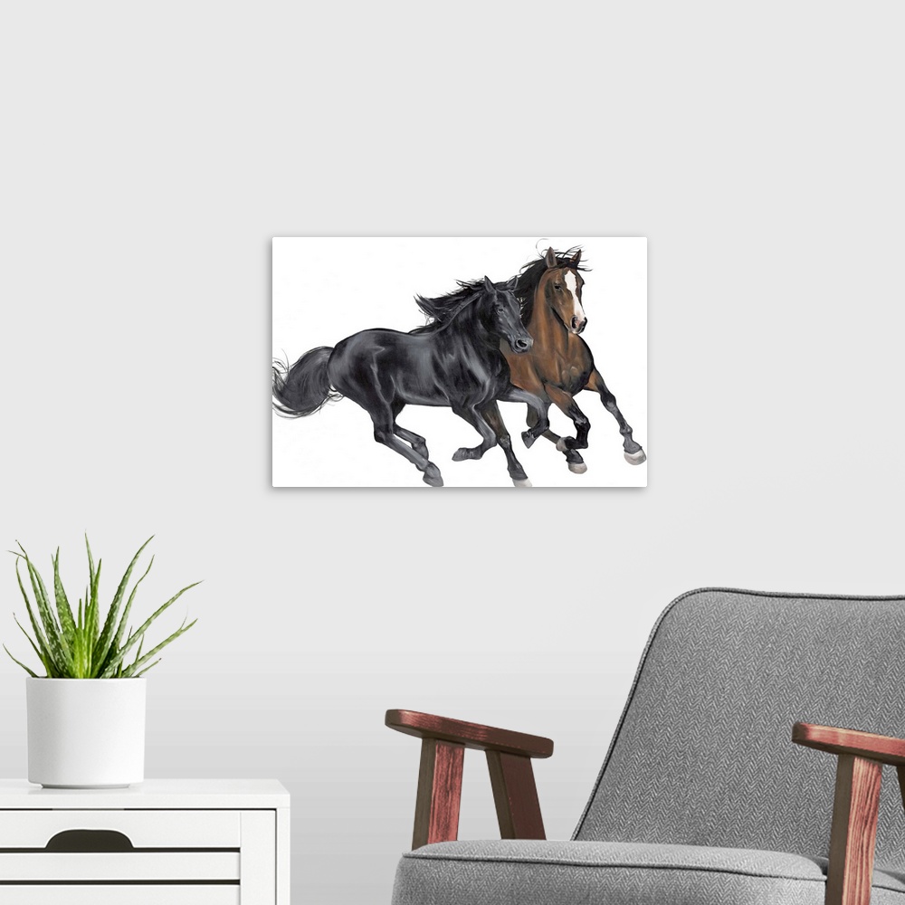 A modern room featuring Contemporary painting of a black and brown horse galloping on a solid white background.