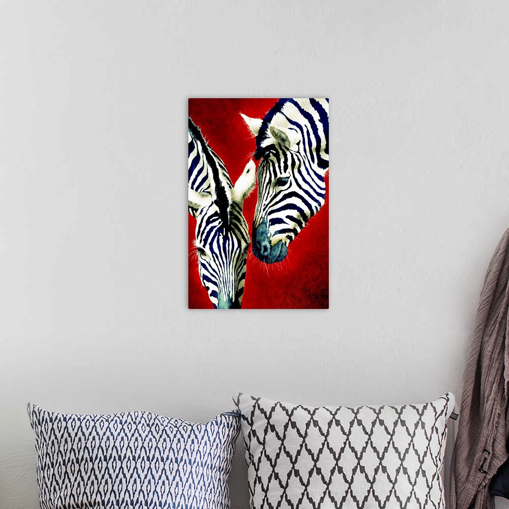 A bohemian room featuring Panoramic contemporary art shows the heads of two zebras against a solid colored background with ...