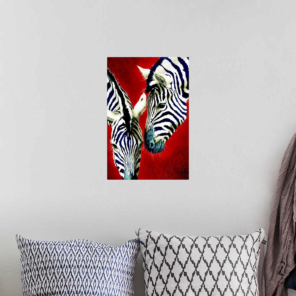 A bohemian room featuring Panoramic contemporary art shows the heads of two zebras against a solid colored background with ...