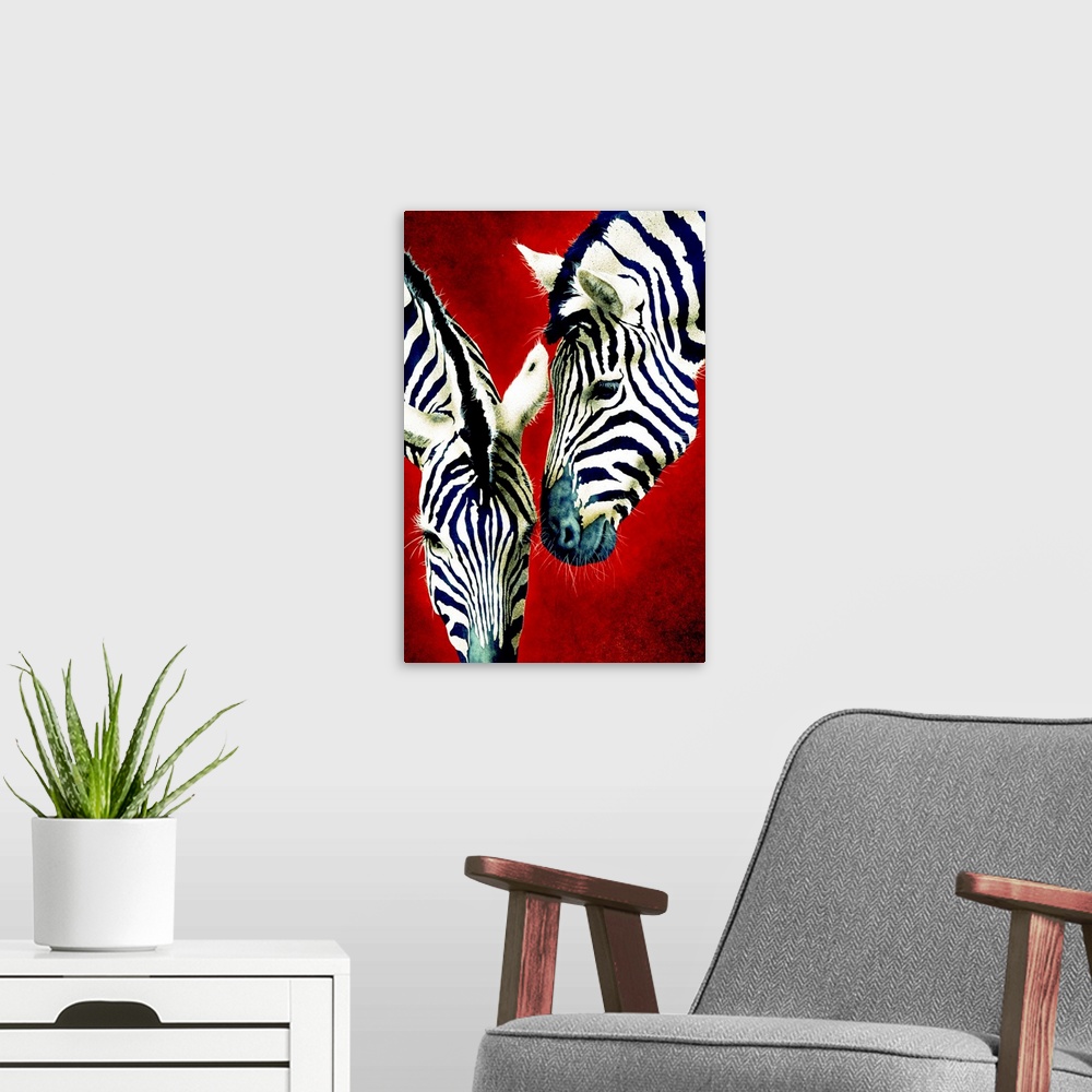 A modern room featuring Panoramic contemporary art shows the heads of two zebras against a solid colored background with ...