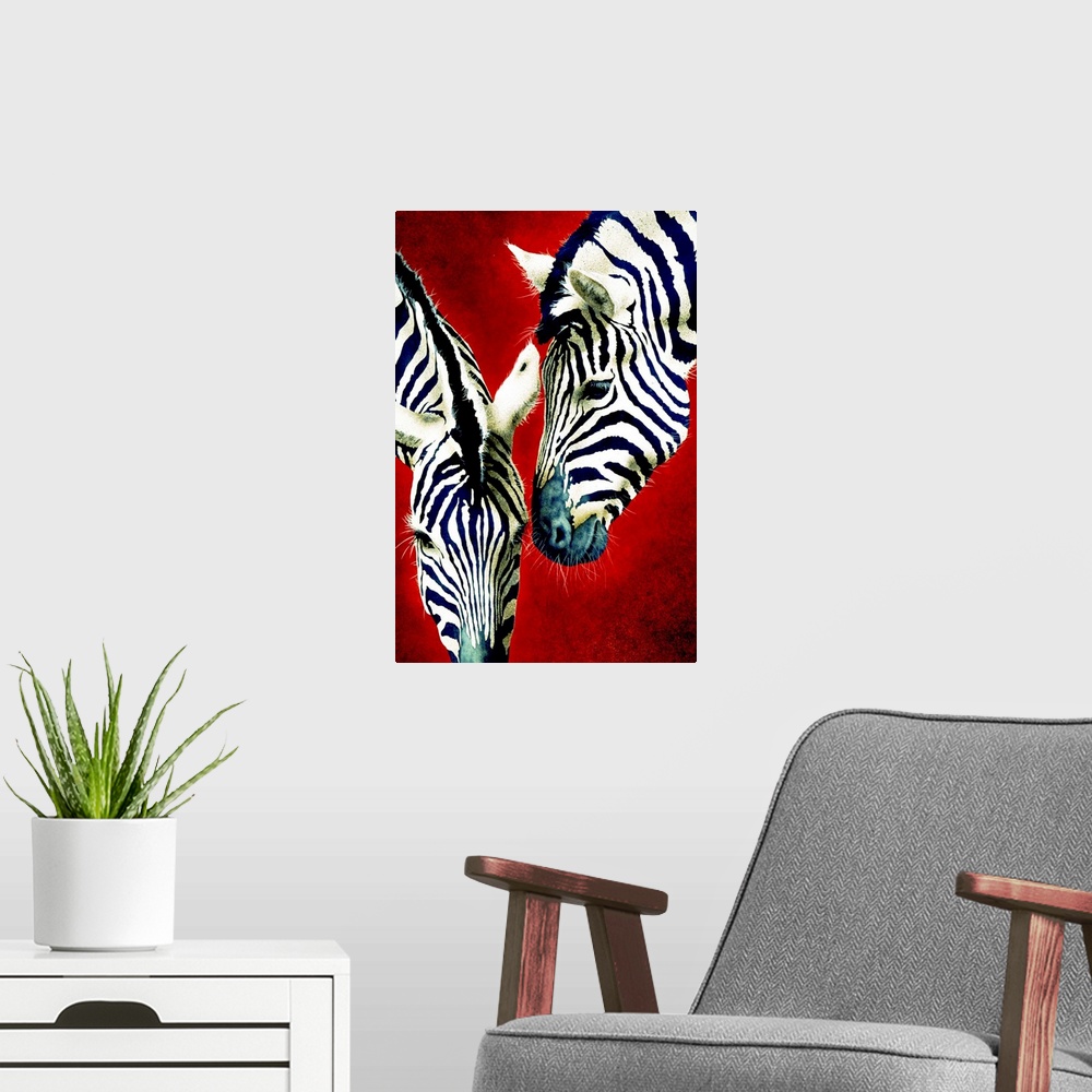 A modern room featuring Panoramic contemporary art shows the heads of two zebras against a solid colored background with ...