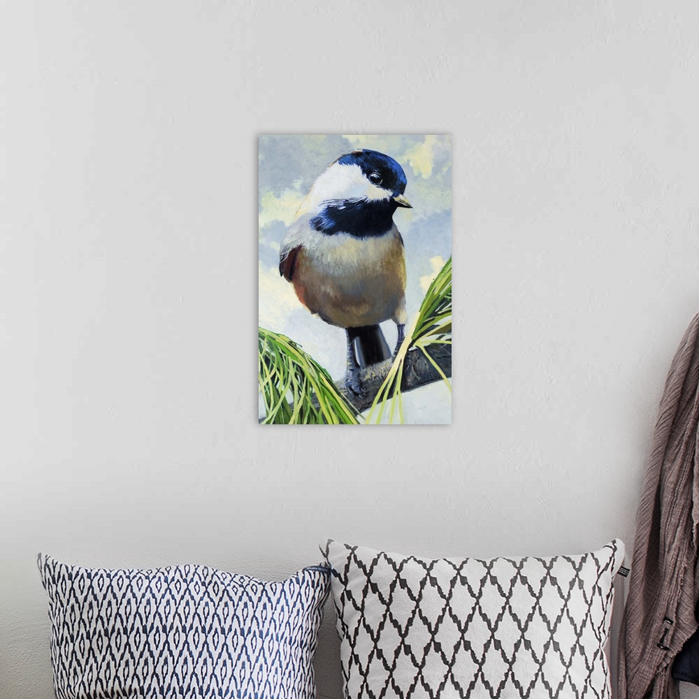 A bohemian room featuring A contemporary painting of a garden bird perched on a branch.