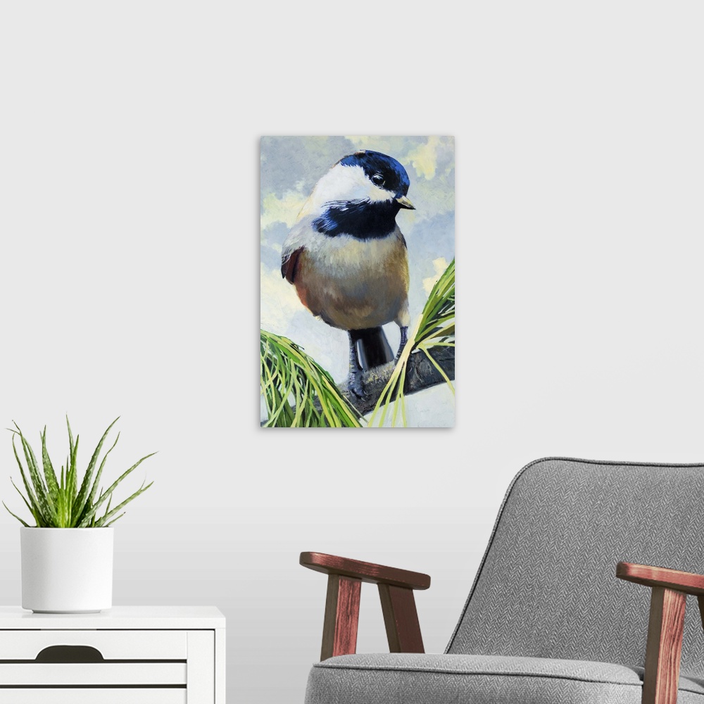 A modern room featuring A contemporary painting of a garden bird perched on a branch.