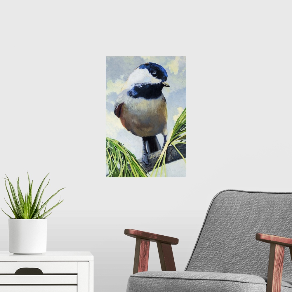 A modern room featuring A contemporary painting of a garden bird perched on a branch.