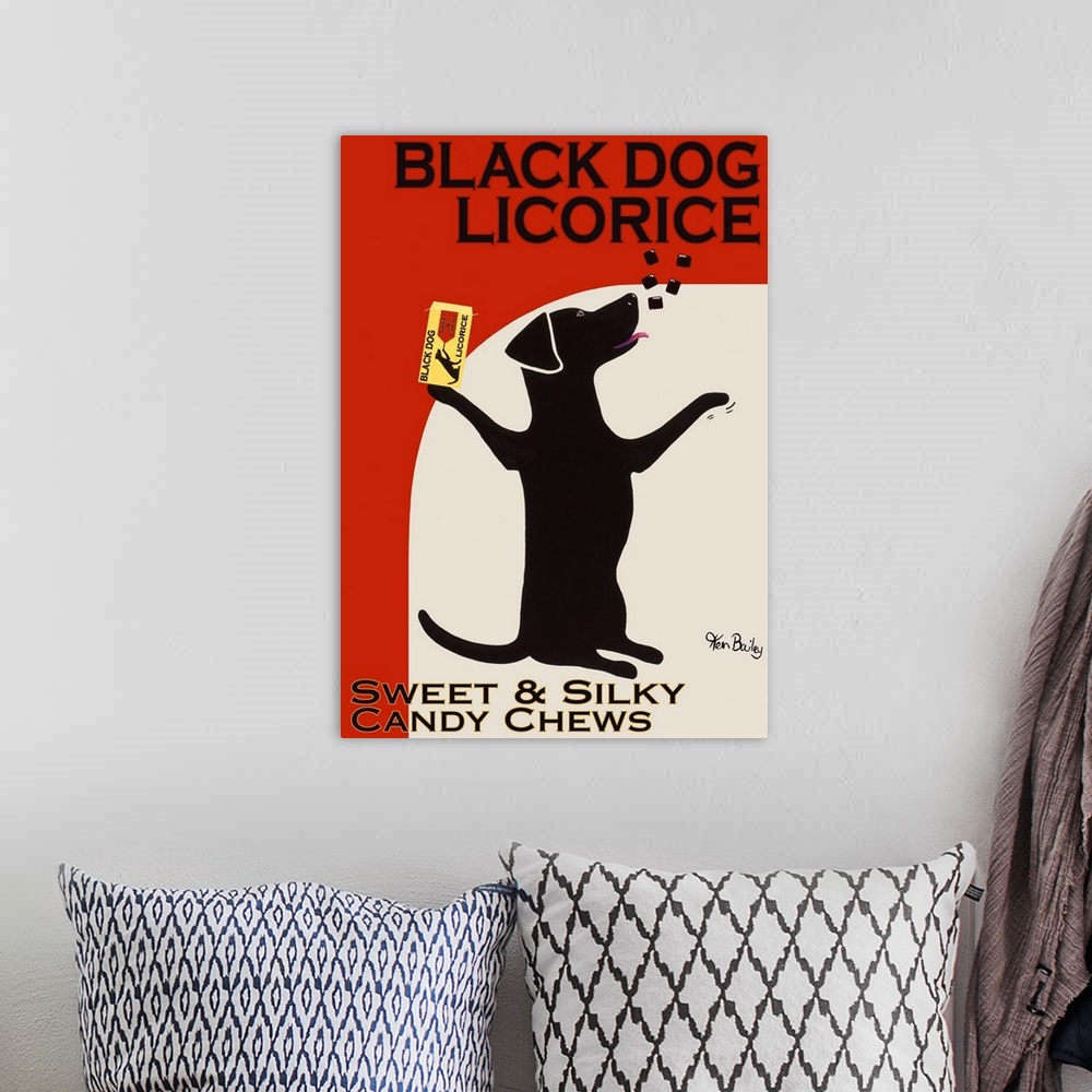 A bohemian room featuring A retro piece of artwork that shows a dog throwing black licorice in the air and about to catch i...