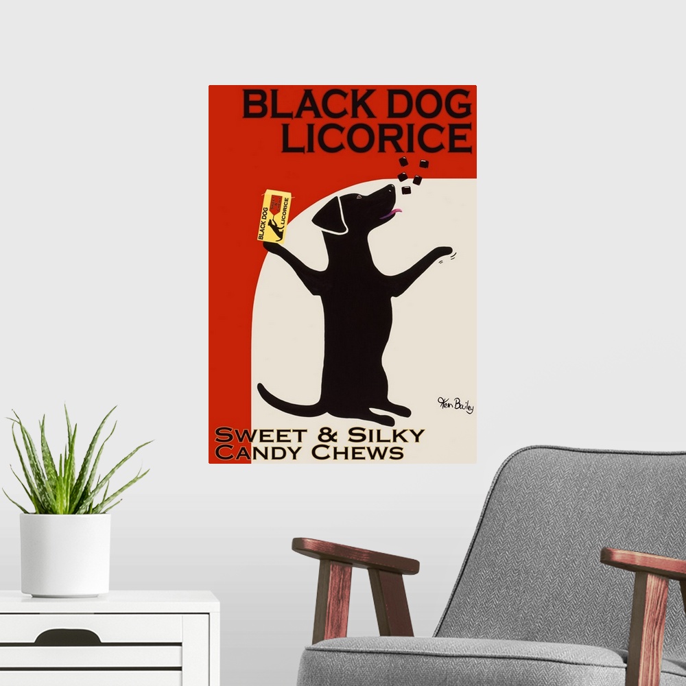 A modern room featuring A retro piece of artwork that shows a dog throwing black licorice in the air and about to catch i...