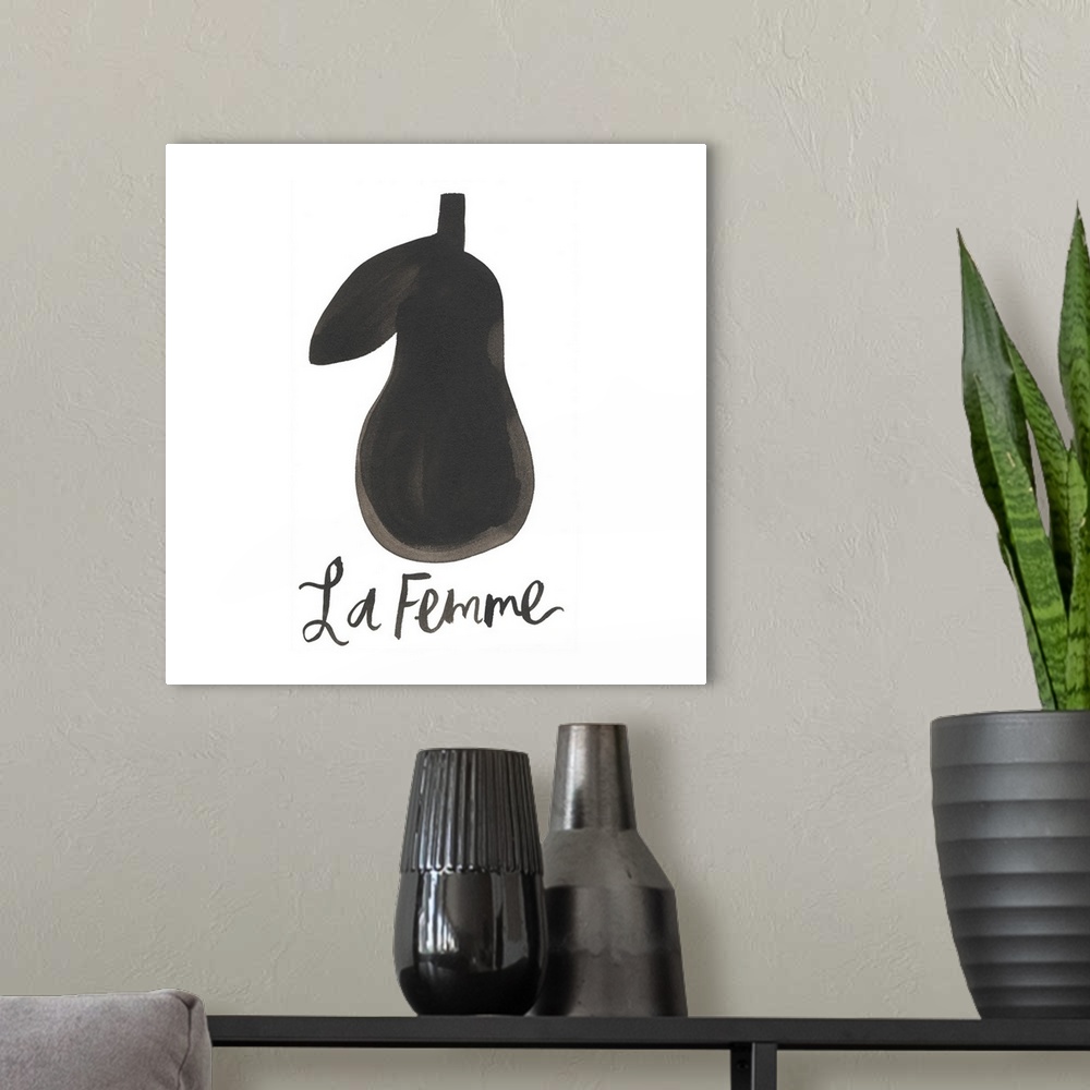 A modern room featuring Simple painting of a pear with "la femme" (the lady).