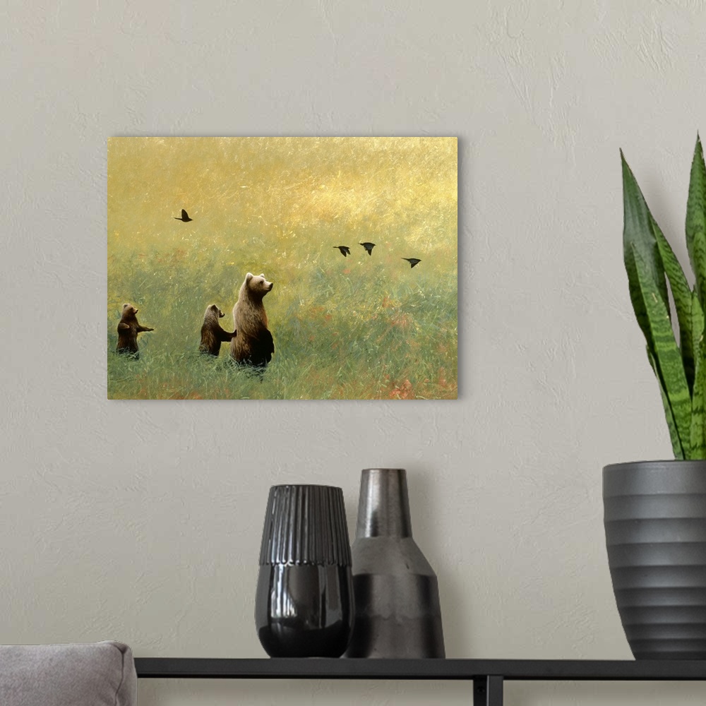A modern room featuring Contemporary painting of three brown bears in a grassy field with black birds flying above.