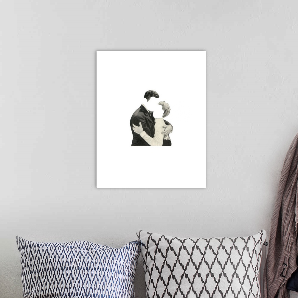A bohemian room featuring Conceptual abstract art of a faceless man and woman embracing on a solid white background.