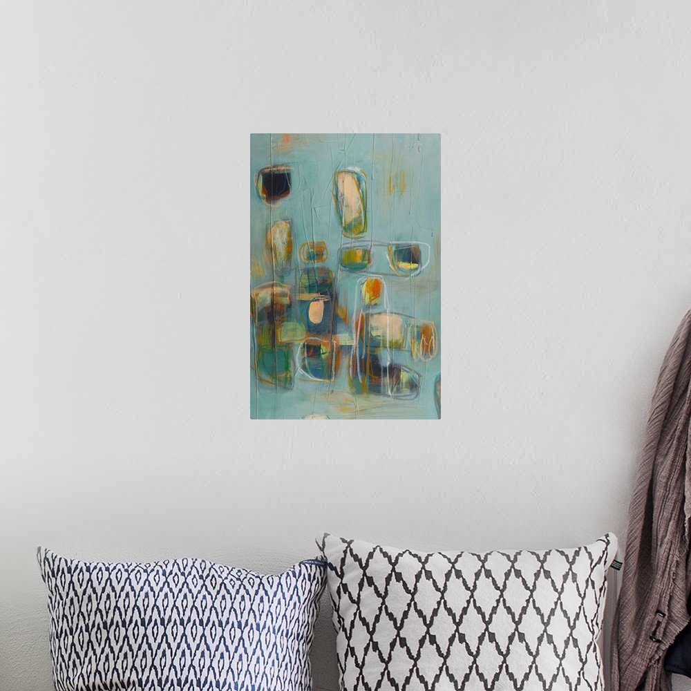 A bohemian room featuring Retro mid-century style abstract painting using soft geometric shapes and muted colors.
