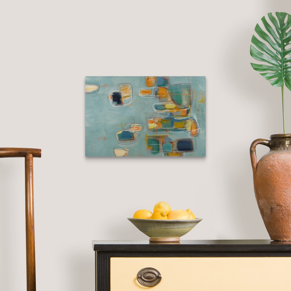 A traditional room featuring Retro mid-century style abstract painting using soft geometric shapes and muted colors.
