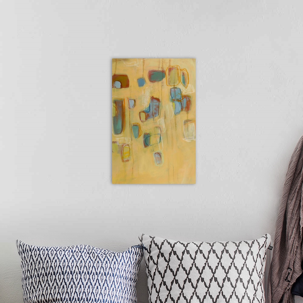 A bohemian room featuring Retro mid-century style abstract painting using soft geometric shapes and muted colors.