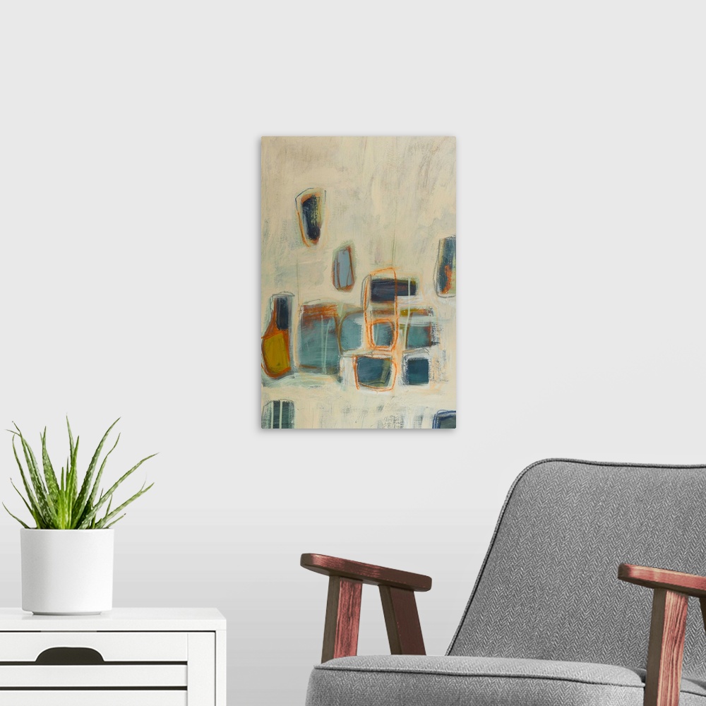A modern room featuring Retro mid-century style abstract painting using soft geometric shapes and muted colors.