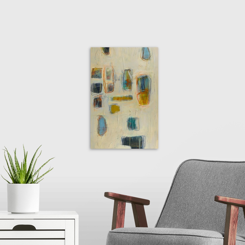 A modern room featuring Retro mid-century style abstract painting using soft geometric shapes and muted colors.
